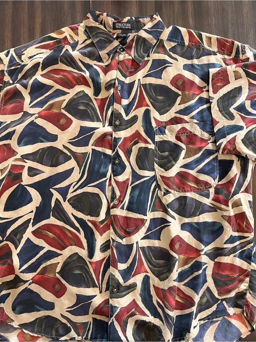 Men’s Structure Abstract 100% Silk Button Down Shirt XL